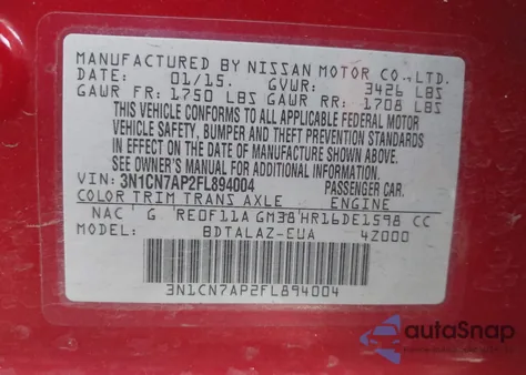 2015 Nissan Versa 1.6 S+ from USA, damaged, VIN 3N1CN7AP2FL894004